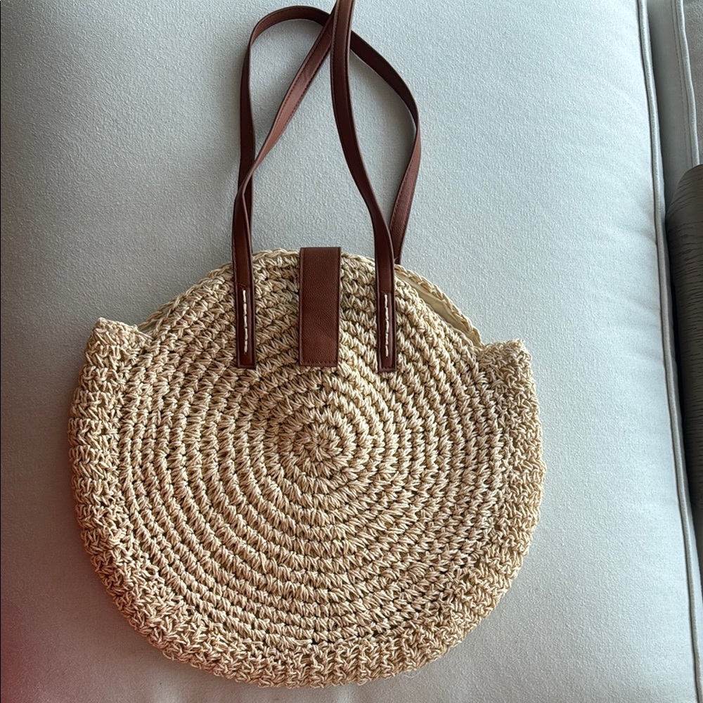 Tan and Brown Woven Tote Bag with Leather Handles